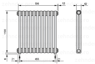 Схема (чертеж) Радиатор Zehnder Charleston 2110/11 №5310 Белый глянцевый RAL 9016